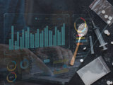 Graphs and charts superimposed on images of opioids on a dark background.
