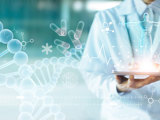 Concept, person holding a tablet with health icons and data